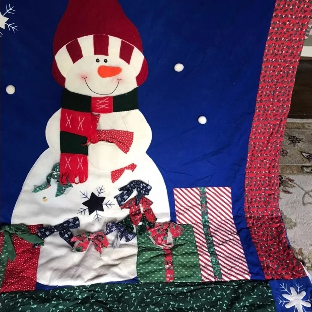 Rare Vintage 1970’s Handmade Snowman Holiday Quilt 4 Feet Tall